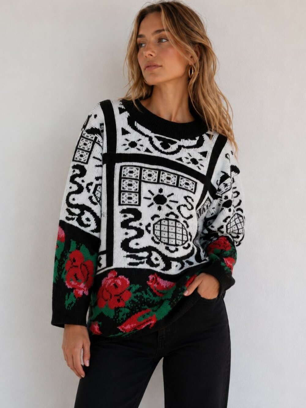 Vintage knitted Sweater Funky 80s unique rare retro floral zodiac Medium